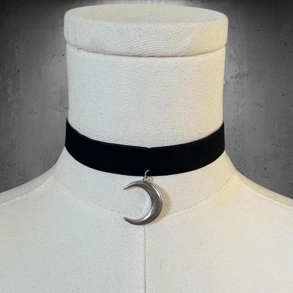 Witchy Crescent Moon Choker Black Velvet Collar Necklace